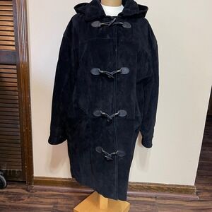 Bagatelle Womens Black Suede Leather Toggle Hooded Duffle Coat Plus Size 20W